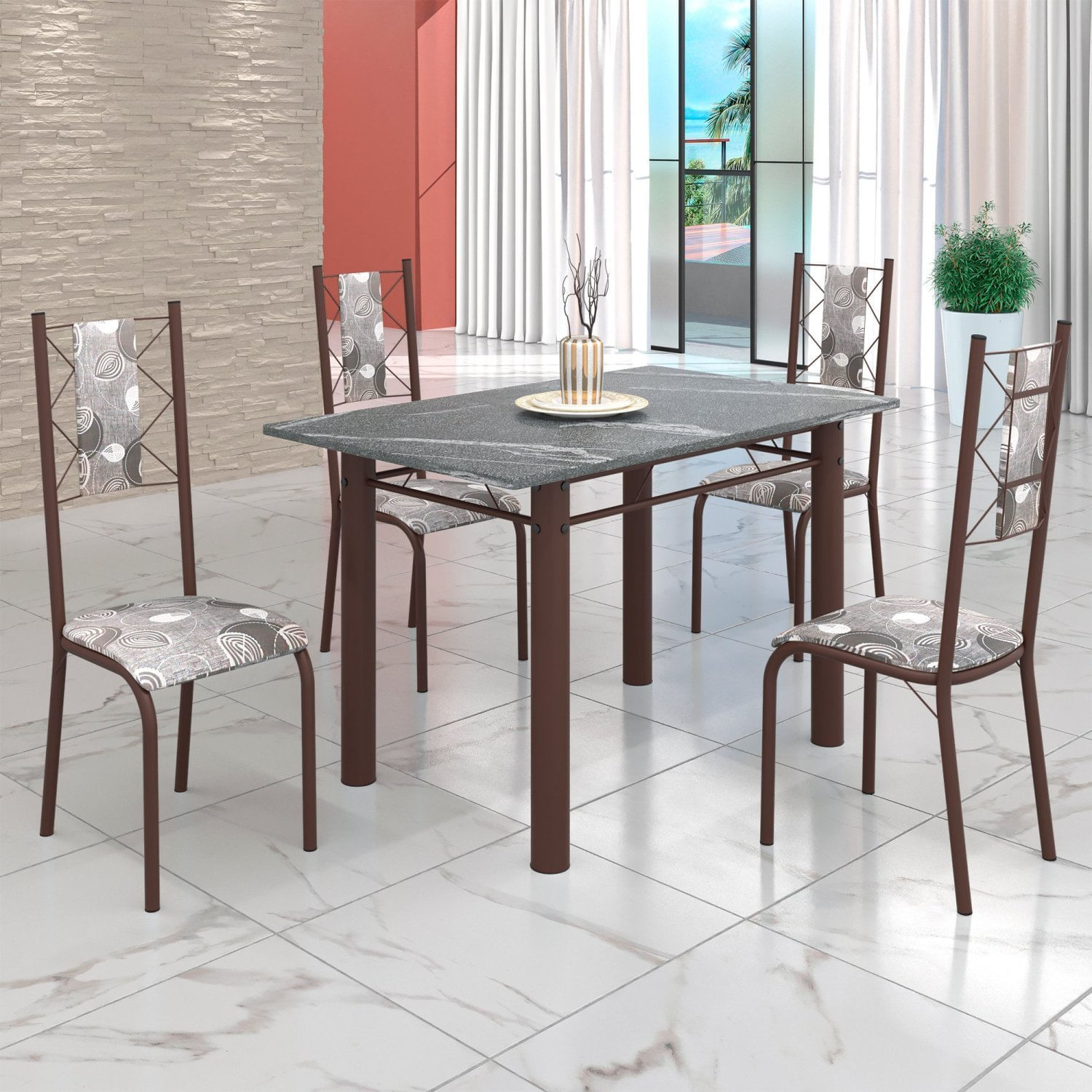 Conjunto Sala De Jantar Bahia Mesa Tubo 120x75cm Tampo Pedra Granito Topázio Com 4 Cadeiras Marrom/paraopeba