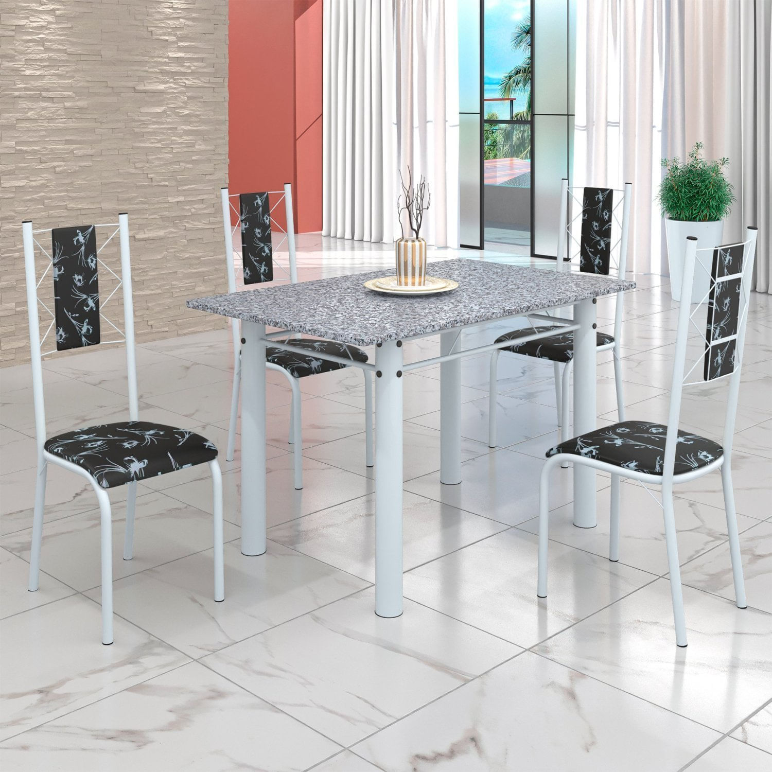 Conjunto Sala De Jantar Bahia Mesa Tubo 120x75cm Tampo Pedra Granito Ocre Com 4 Cadeiras Preto Floral/branco