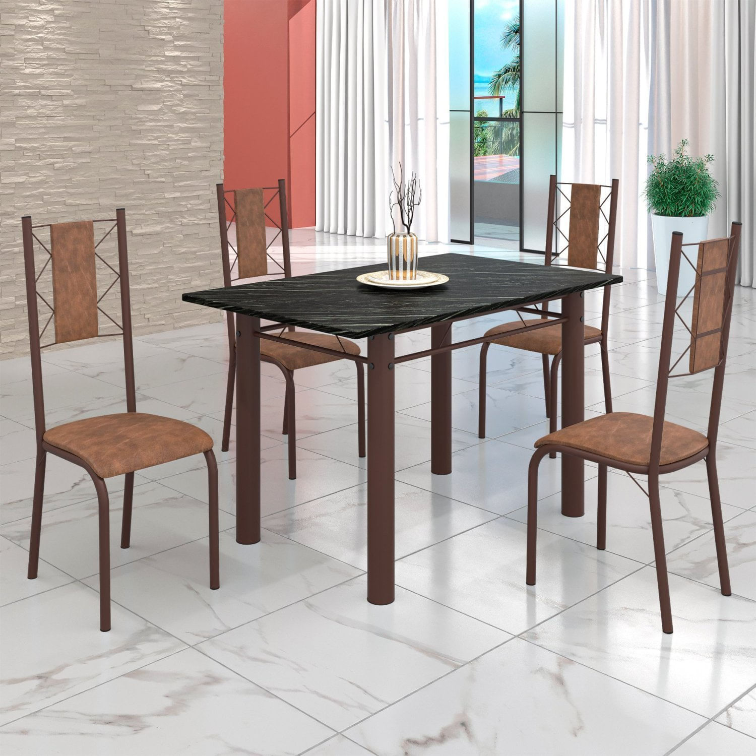 Conjunto Sala De Jantar Bahia Mesa Tubo 120x75cm Tampo Pedra Ardósia Indiana Com 4 Cadeiras Marrom