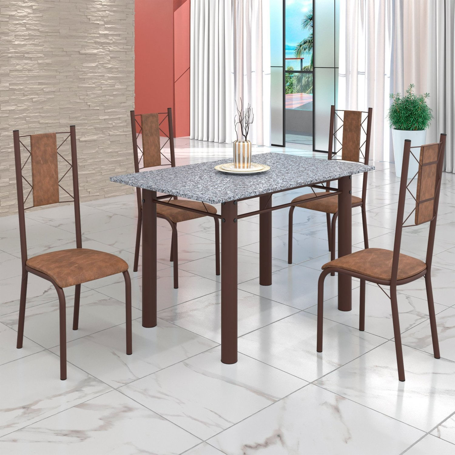Conjunto Sala De Jantar Bahia Mesa Tubo 120x75cm Tampo Pedra Granito Ocre Com 4 Cadeiras Marrom