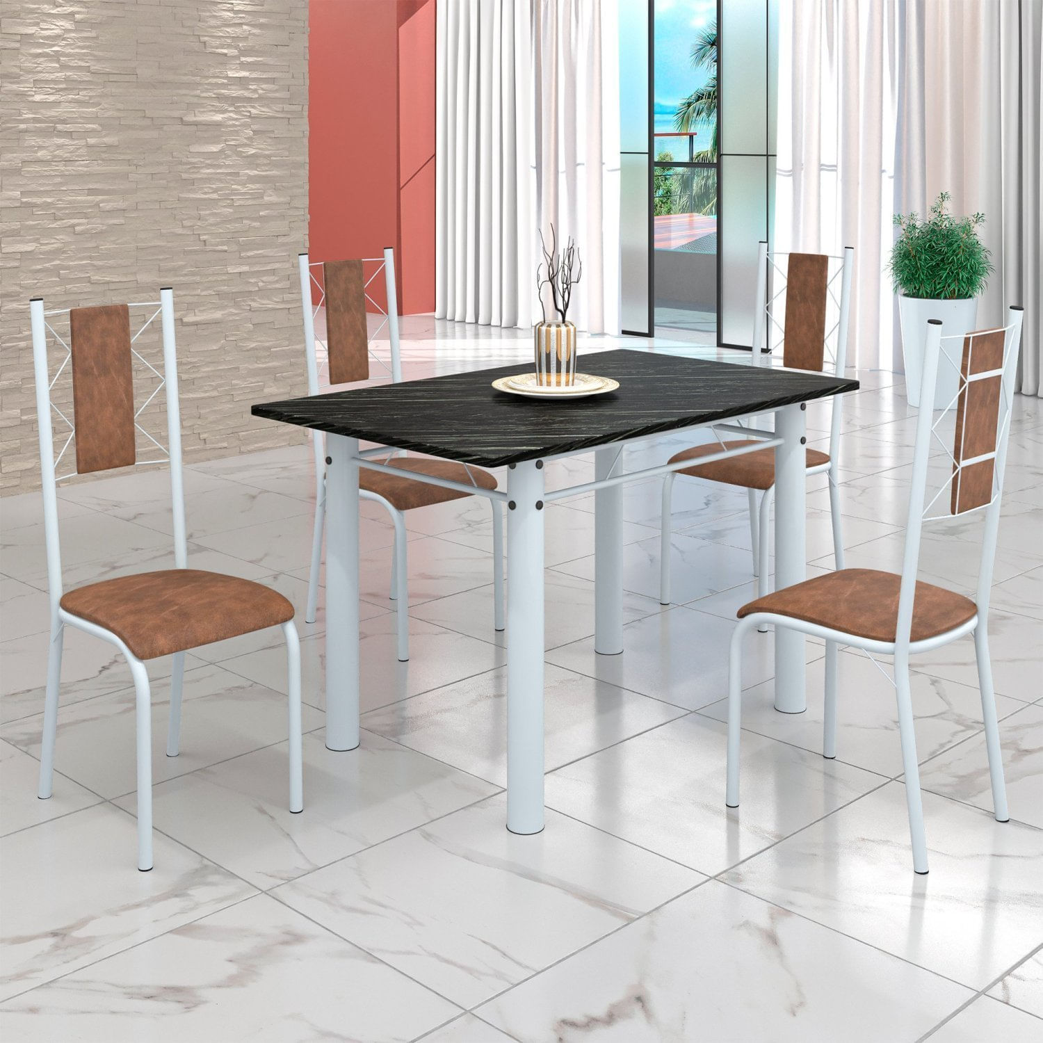 Conjunto Sala De Jantar Bahia Mesa Tubo 120x75cm Tampo Pedra Ardósia Indiana Com 4 Cadeiras Branco/marrom