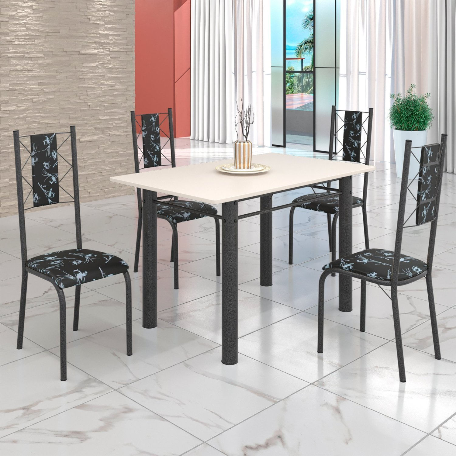 Conjunto Sala De Jantar Bahia Mesa Tubo 120x75cm Tampo Madeira Com 4 Cadeiras Prata Mart/preto Floral/off White