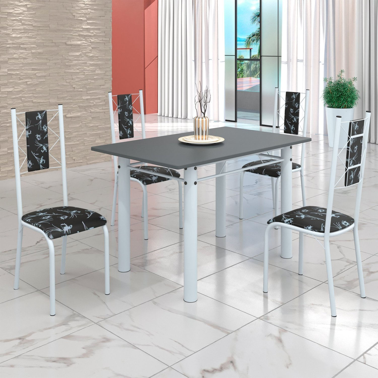 Conjunto Sala De Jantar Bahia Mesa Tubo 120x75cm Tampo Pedra Com 4 Cadeiras Branco/preto Floral
