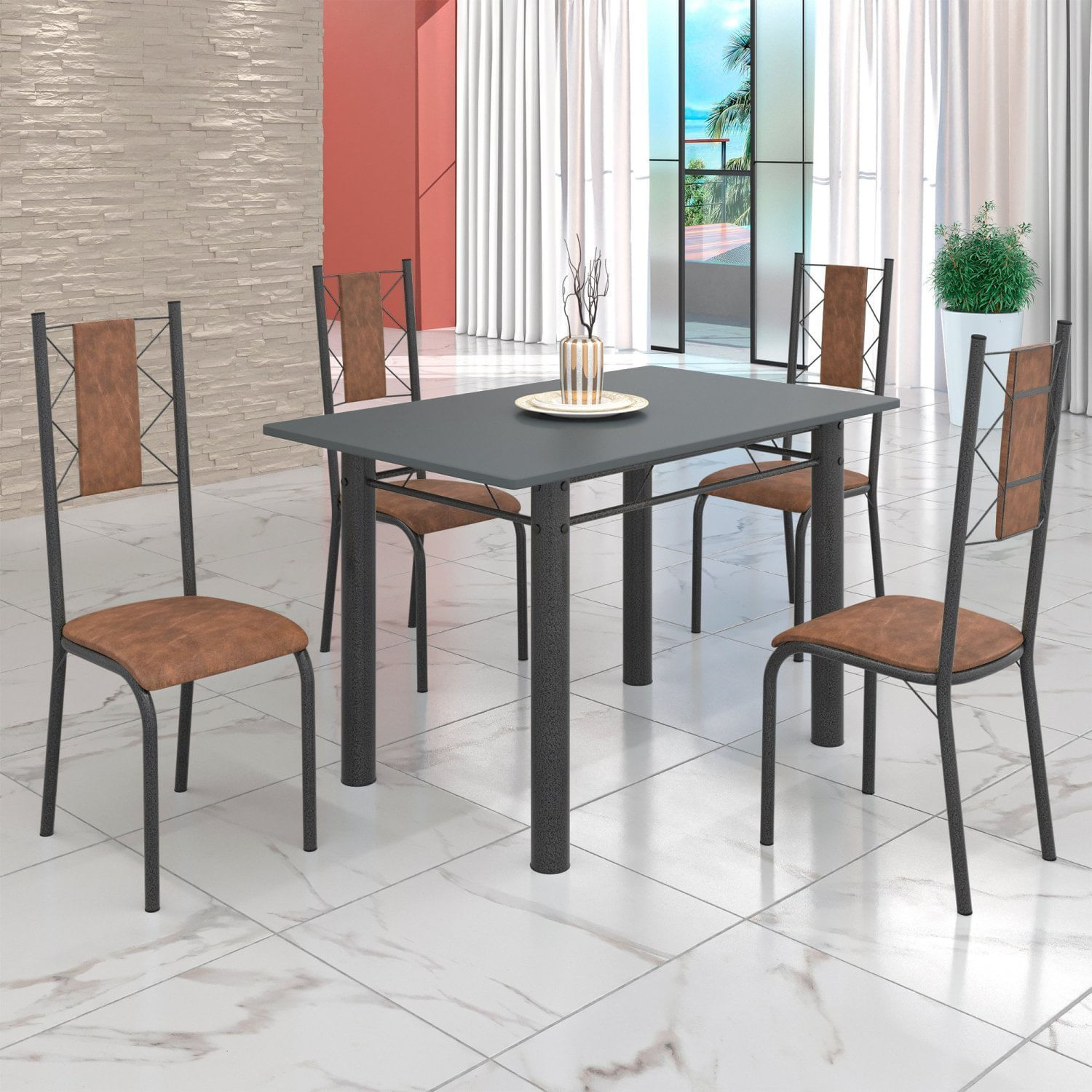 Conjunto Sala De Jantar Bahia Mesa Tubo 120x75cm Tampo Pedra Com 4 Cadeiras Prata Mart/marrom