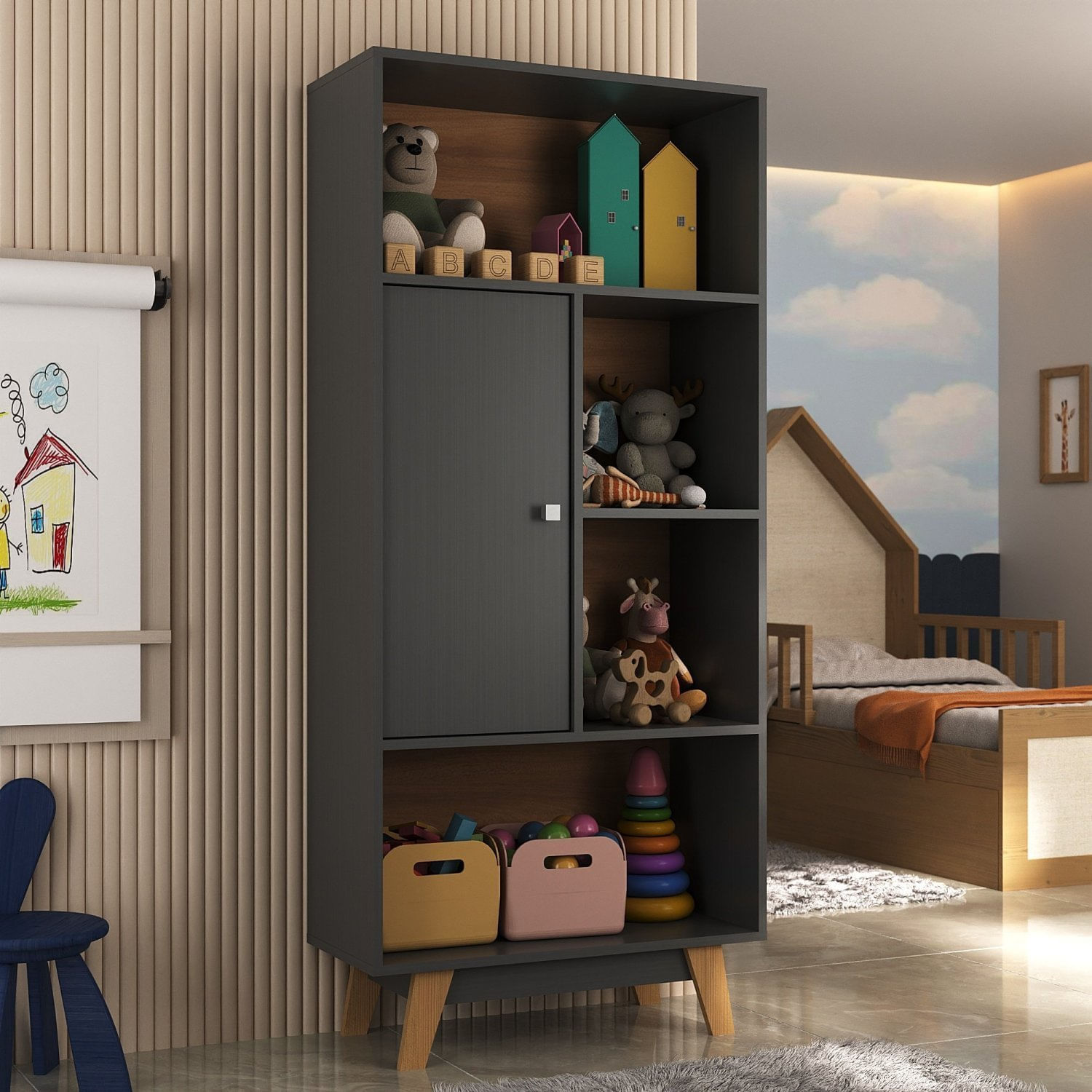 Nicho Infantil Organizador 1 Porta 4 Nichos Sara Espresso Moveis Grafite/nogal