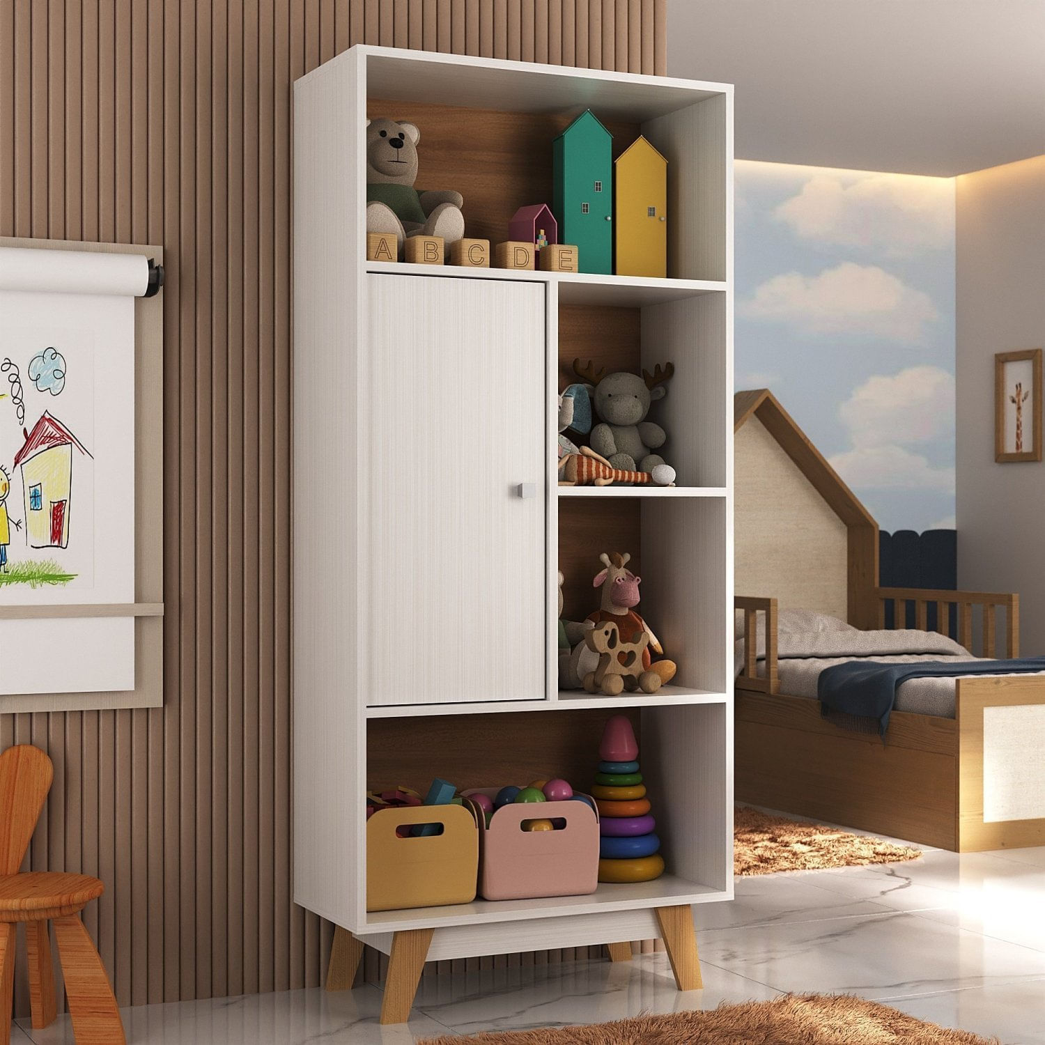 Nicho Infantil Organizador 1 Porta 4 Nichos Sara Espresso Moveis Branco/nogal