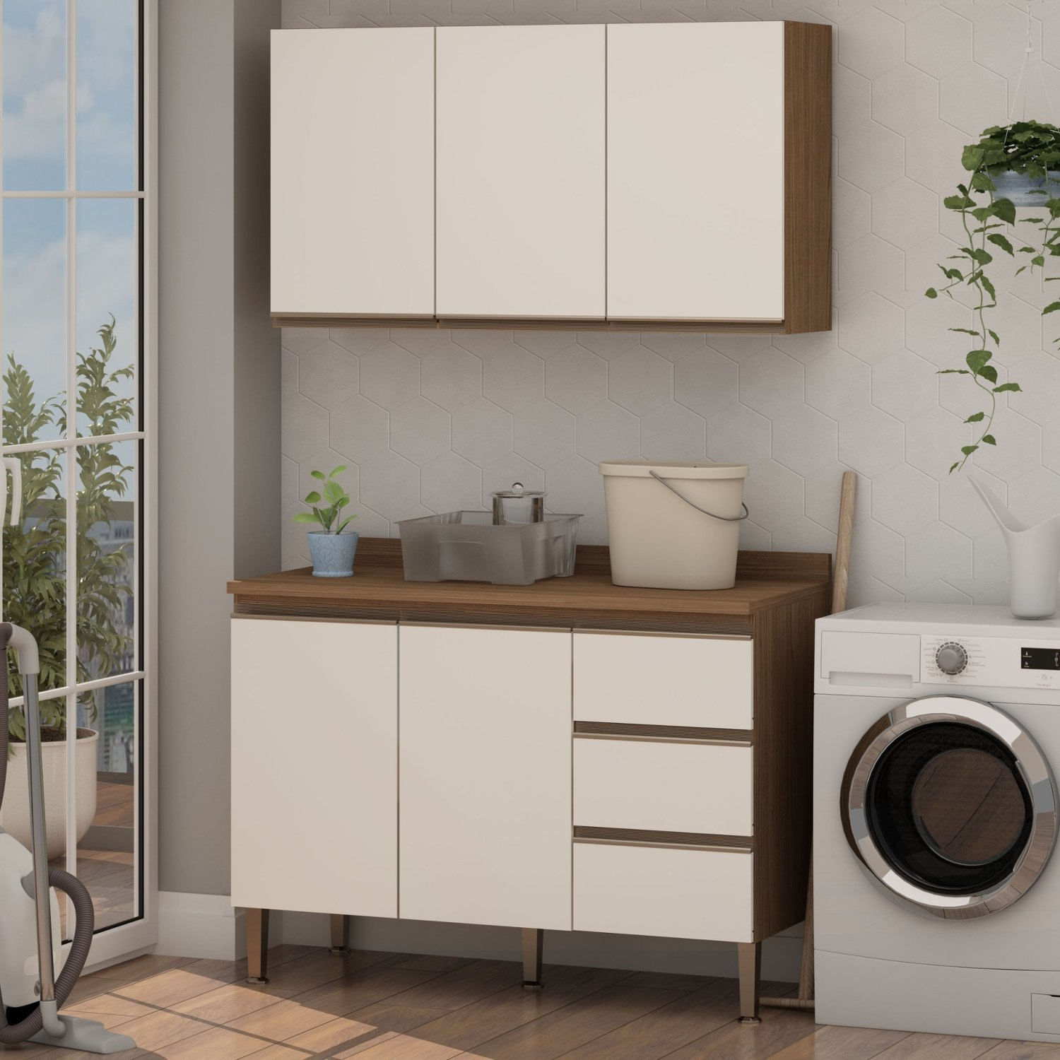 Conjunto Para Área De Serviço Com Balcão 2 Portas E 3 Gavetas E Armário Aéreo 3 Portas Low Dry Ébano/off White