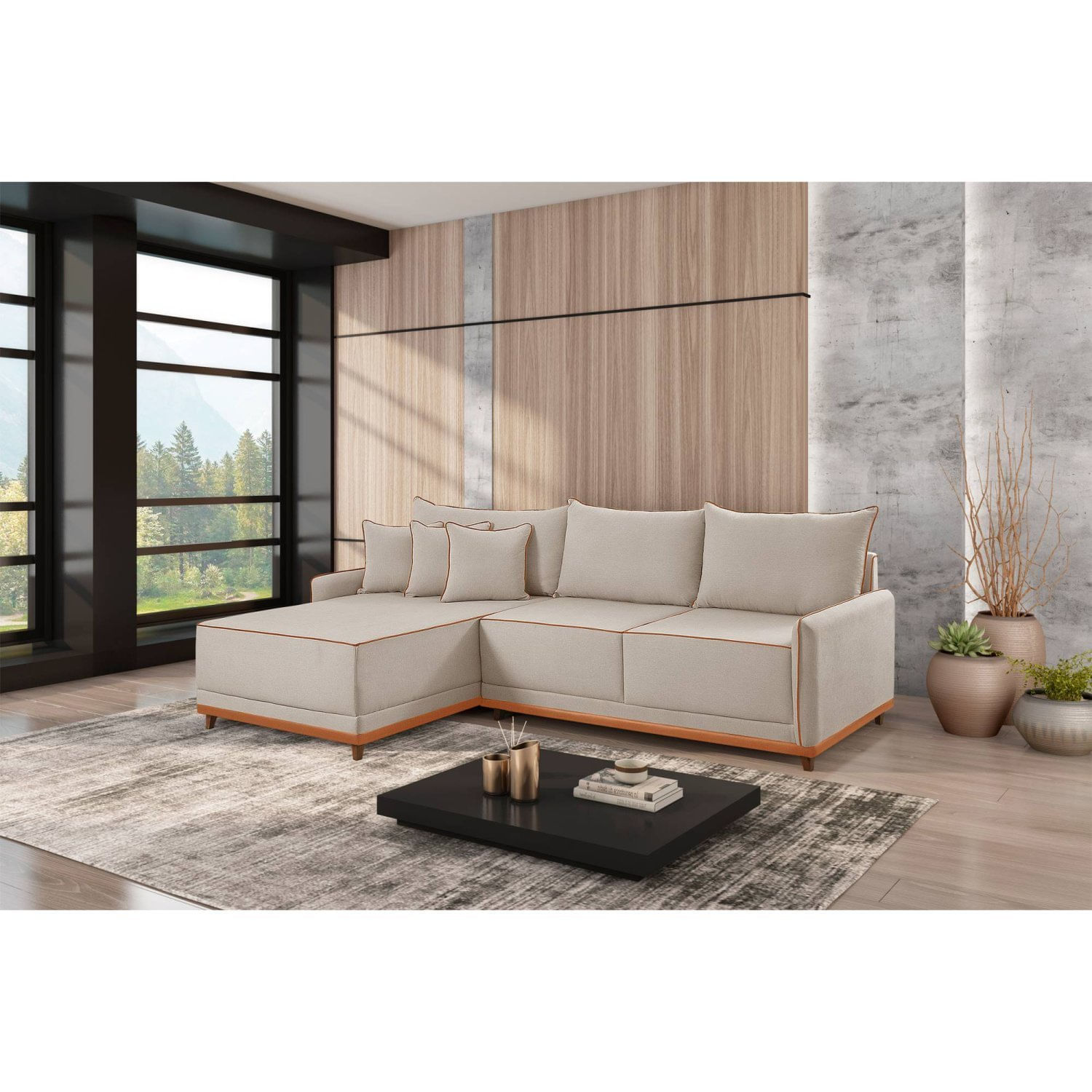 Sofá Linho 3 Lugares 264cm Com Chaise Lado Esquerdo Barra Cru