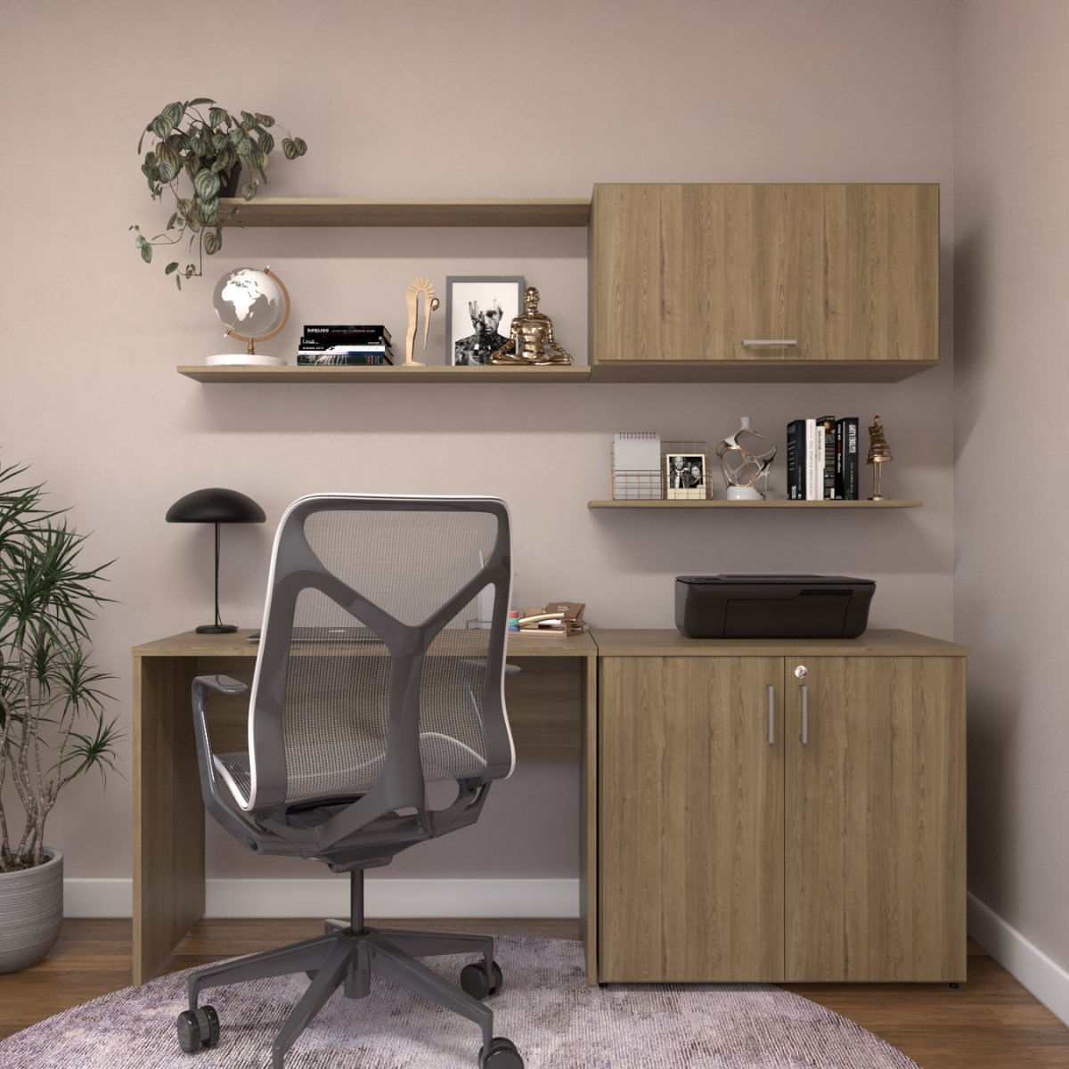 Escrivaninha Com Armários 180cm E Prateleira Carvalho Mel