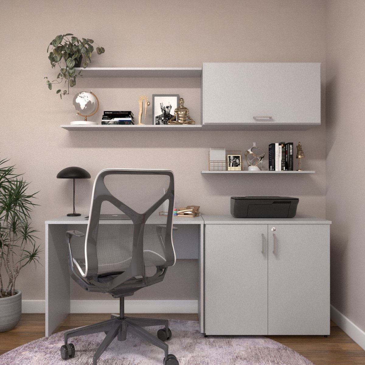 Escrivaninha Com Armários 180cm E Prateleira Cinza Cristal