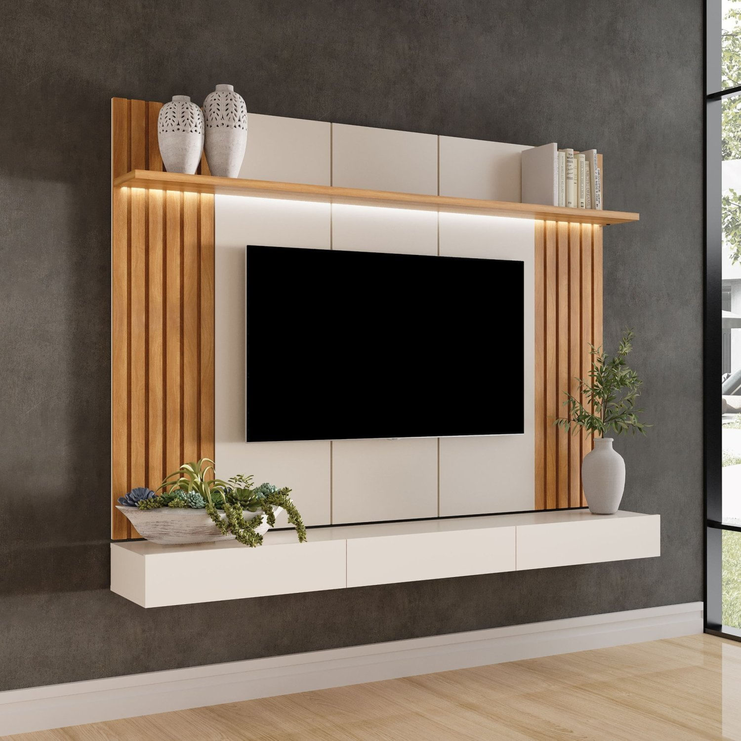 Painel Home Para Tv Até 84 Polegadas 220cm Led Supreme Carvalho Oro / Off-white