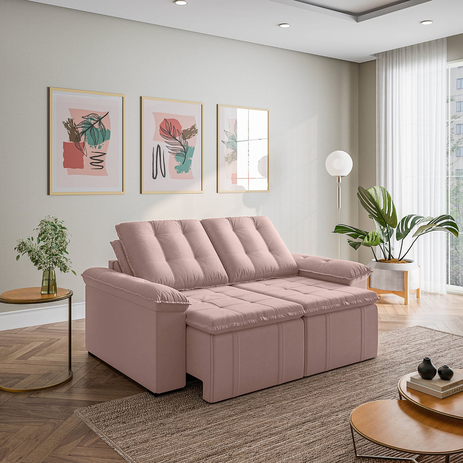 Sofá Palmeira Retrátil Reclinável Sem Caixa 3 Lugares 180cm Veludo Com Molas Cabecasa Madeiramadeira Rosa