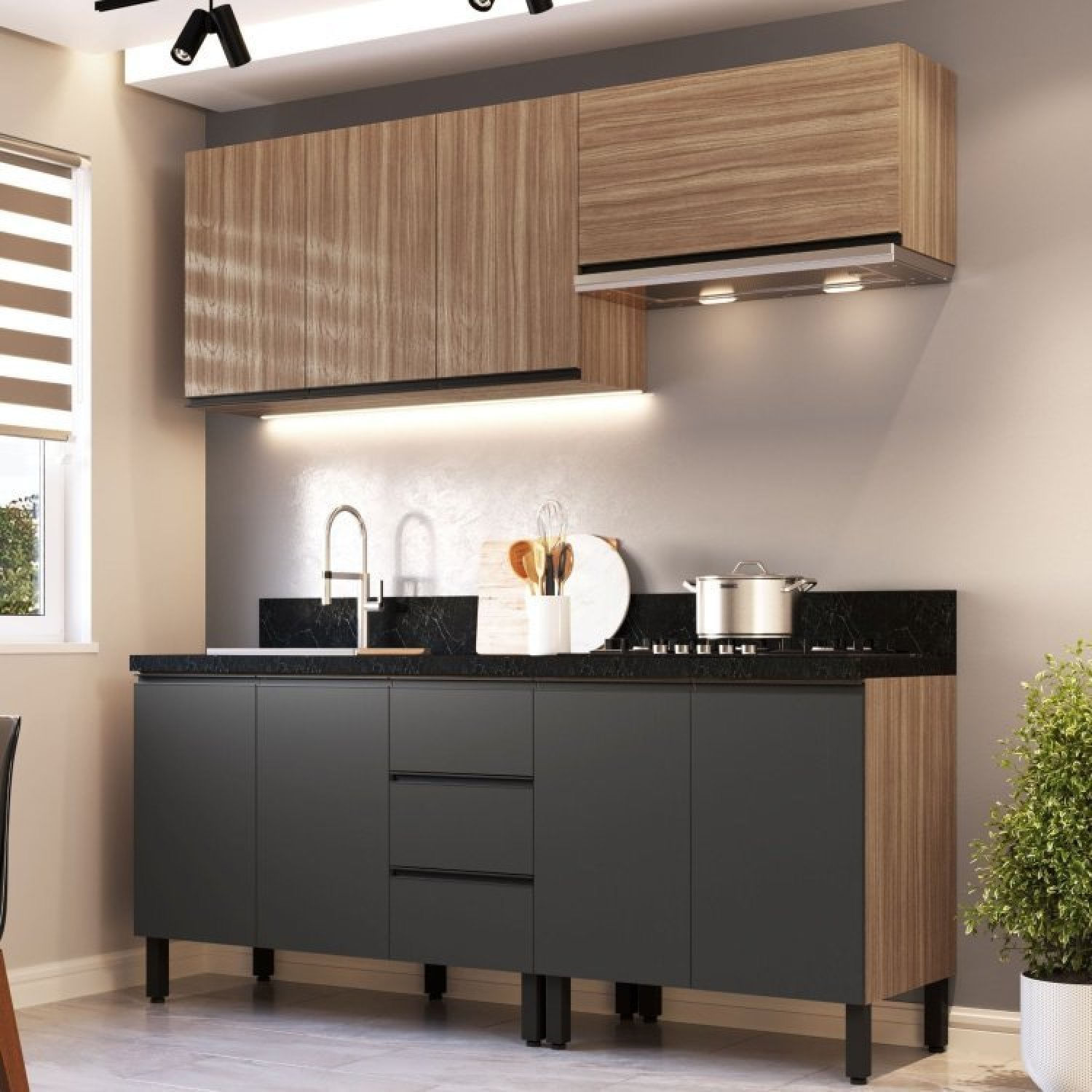 Conjunto De Cozinha Cedro Montana Com Grafite