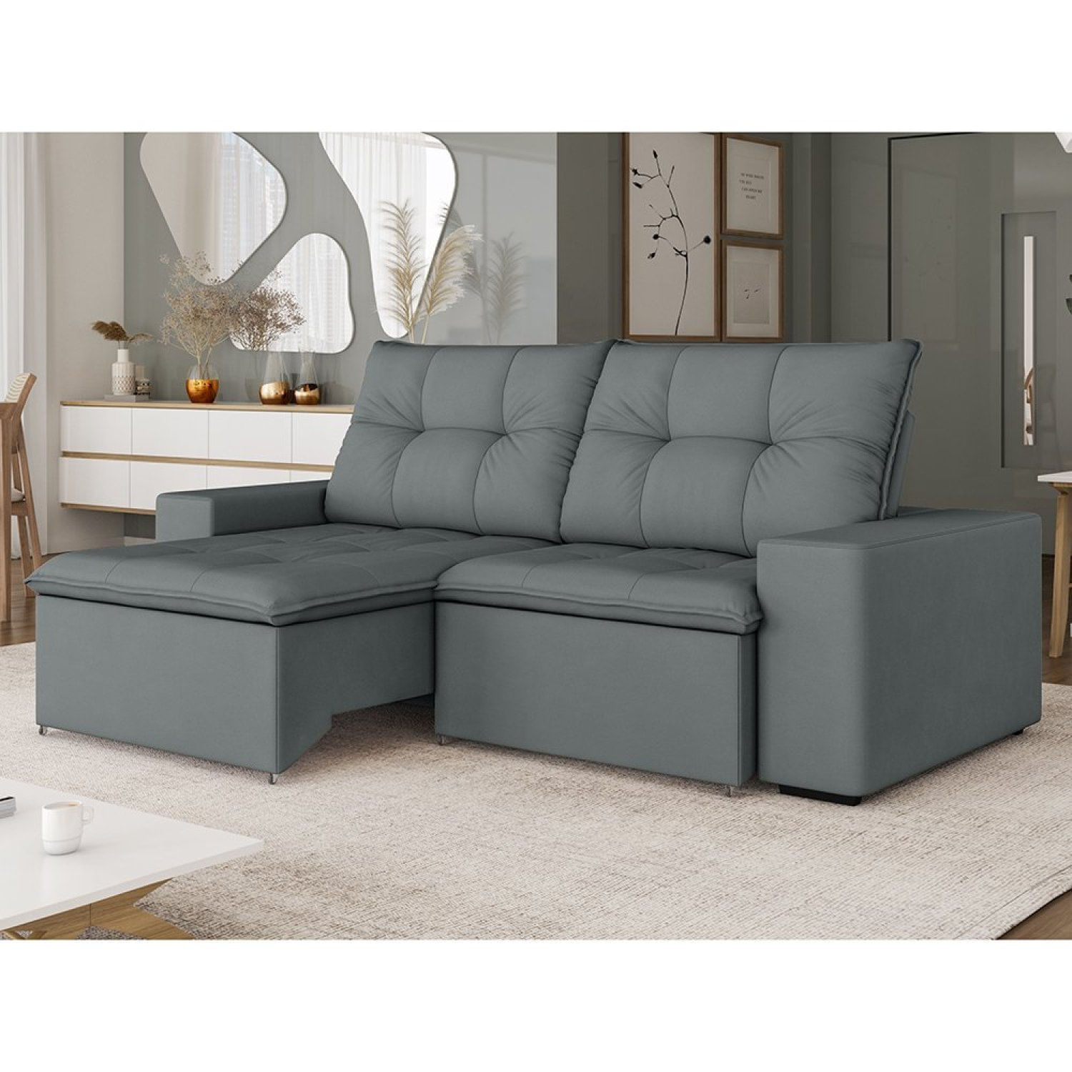 Sofá Para Sala De Estar Retrátil E Reclinável Damasco Cinza