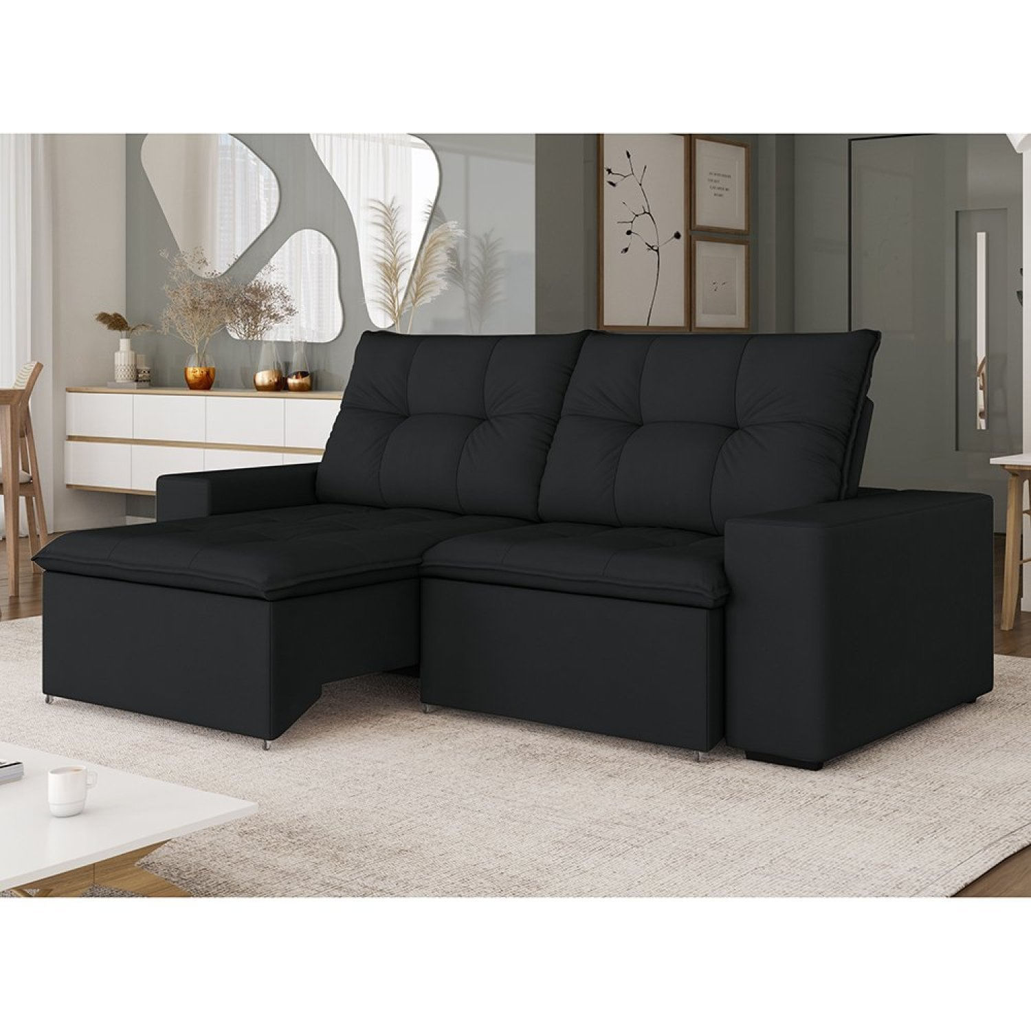 Sofá Retrátil E Reclinável Para Sala De Estar Damasco Preto