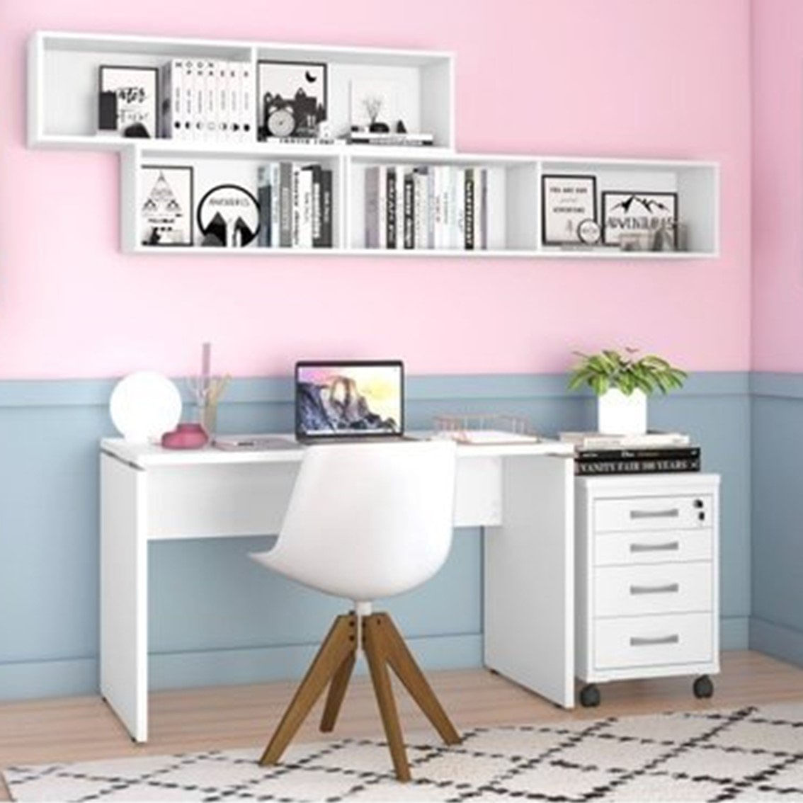 Conjunto Home Office 5 Peças Escrivaninha Gaveteiro E Nichos Branco