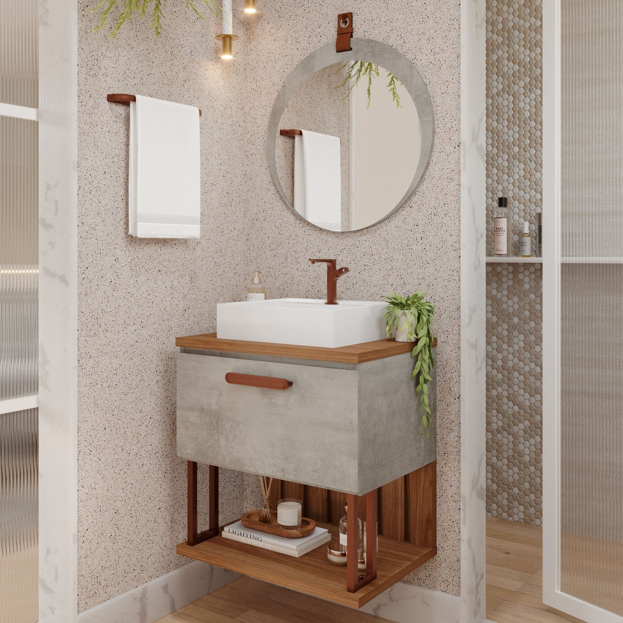 Gabinete Suspenso Banheiro Mari 60cm Com Cuba E Espelheira Lua Espresso Móveis Cimento