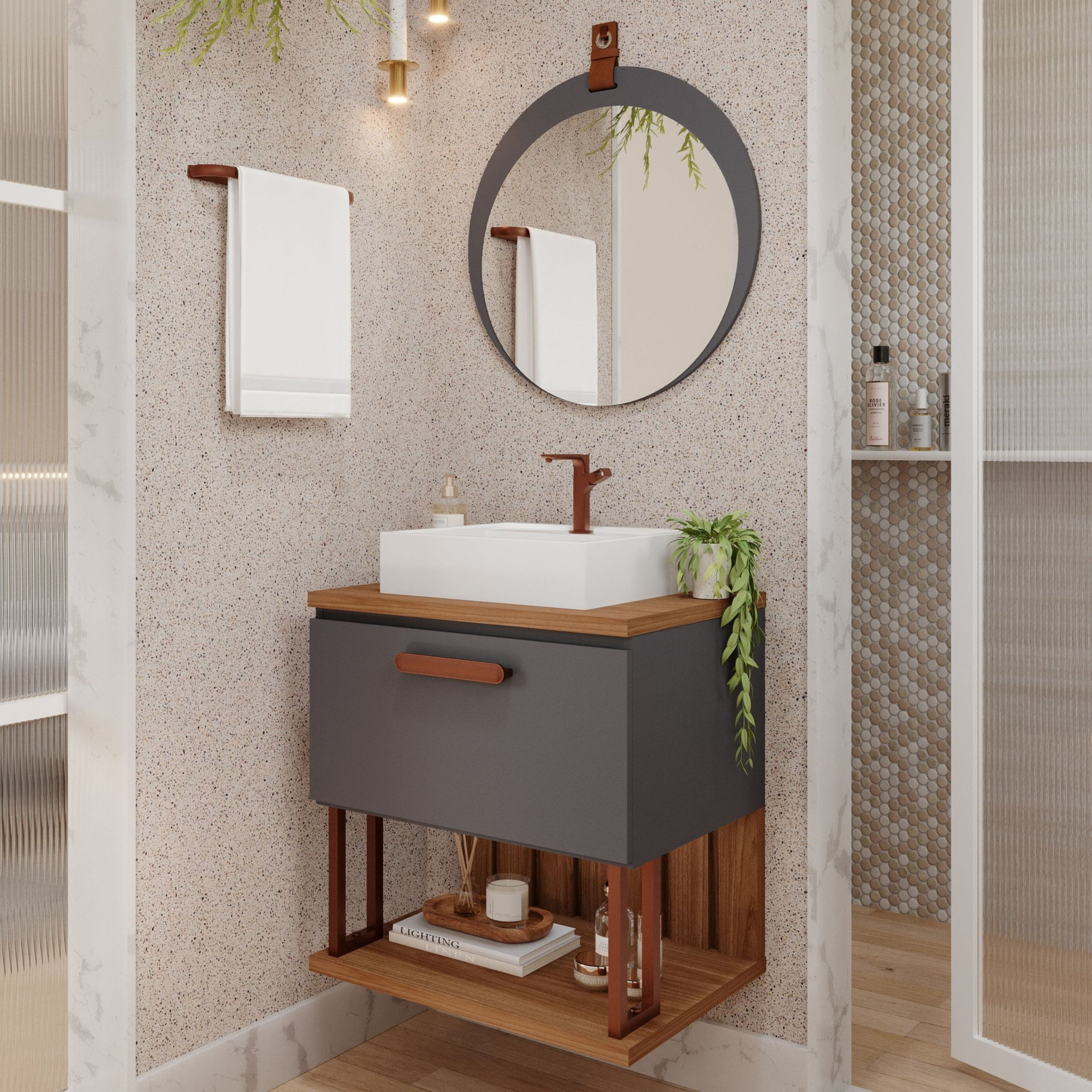 Gabinete Suspenso Banheiro Mari 60cm Com Cuba E Espelheira Lua Espresso Móveis Titanium