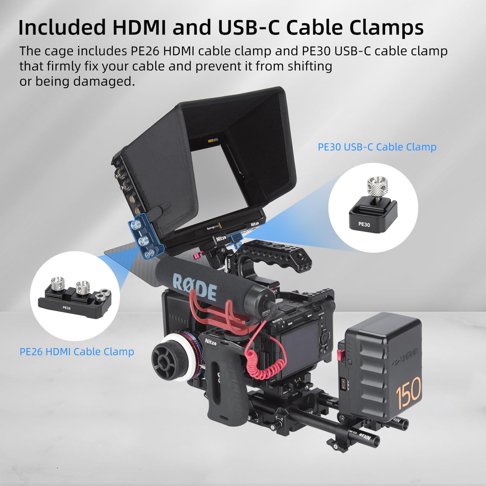 Nitze Monitor Cage For Blackmagic Video Assist 5 - NATO Rail & Cable Clamps Protection