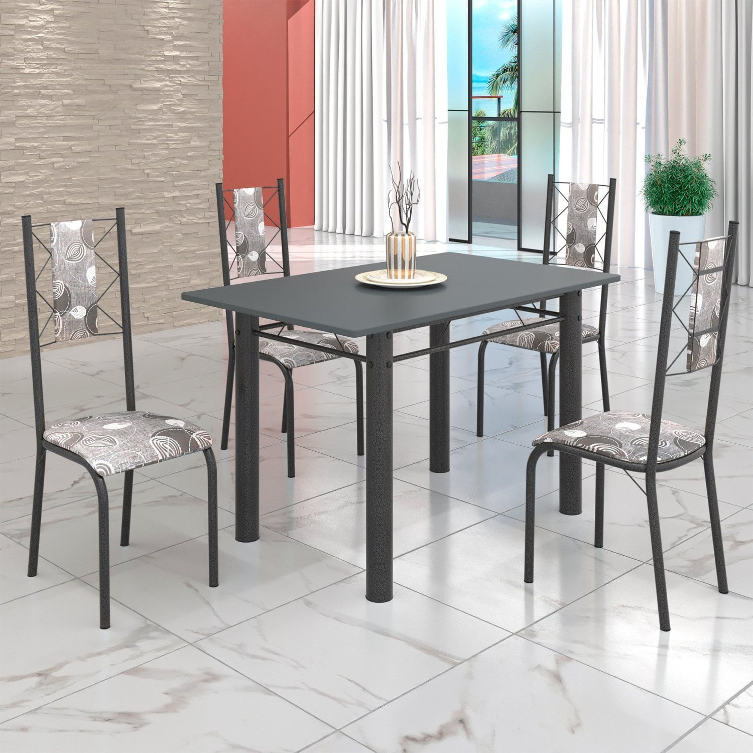 Conjunto Sala De Jantar Bahia Mesa Tubo 120x75cm Tampo Pedra Com 4 Cadeiras Prata Mart/paraopeba