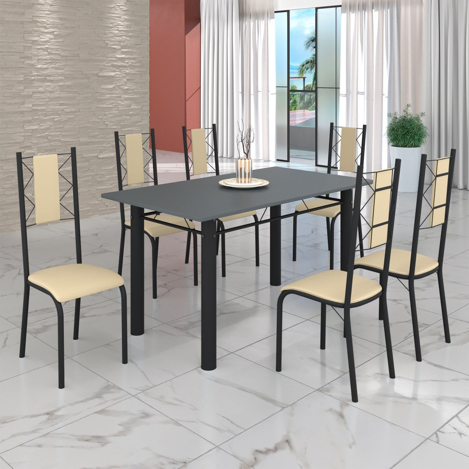 Conjunto Sala De Jantar Bahia Mesa Tubo 140x75cm Tampo Pedra Com 6 Cadeiras Preto/creme