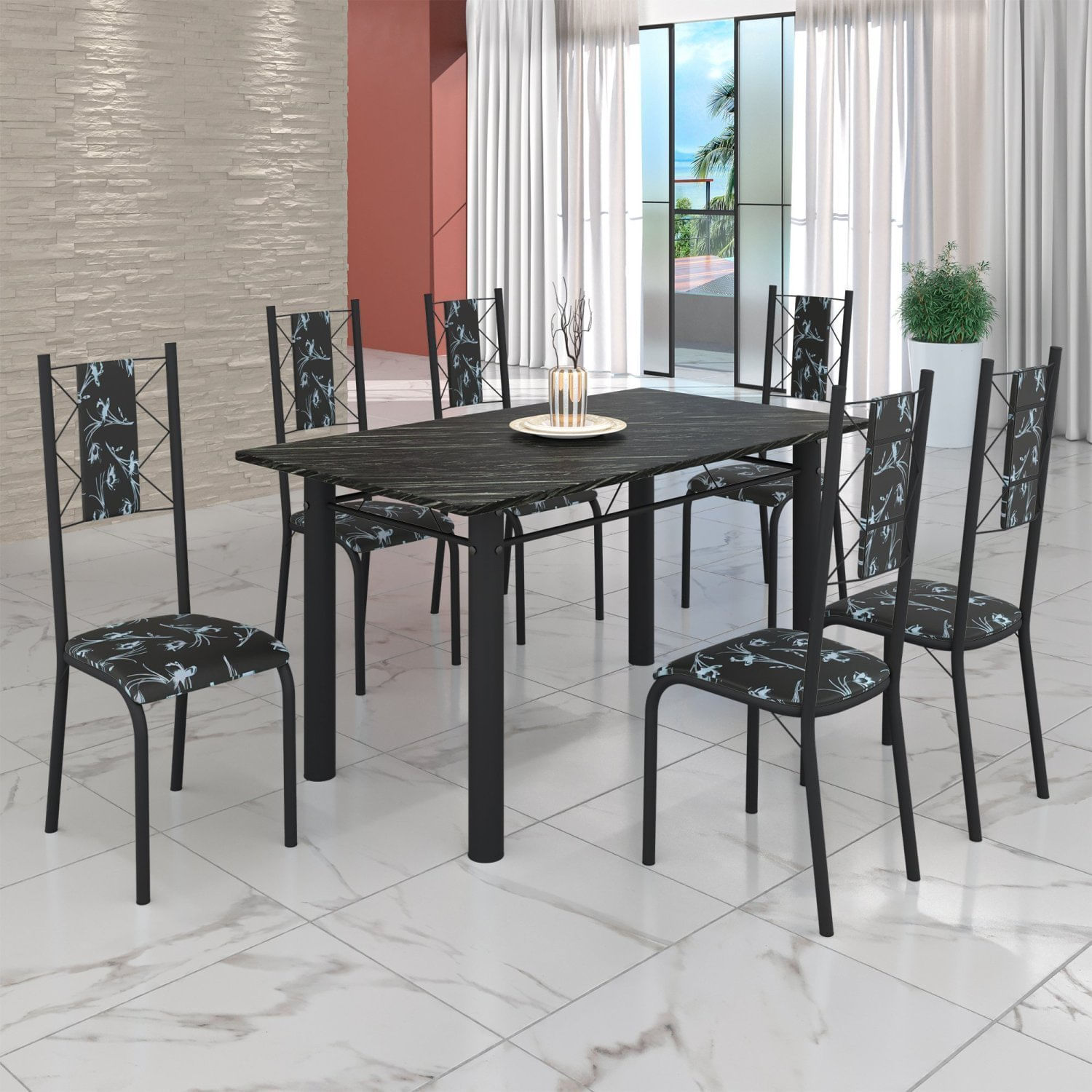 Conjunto Sala De Jantar Bahia Mesa Tubo 140x75cm Tampo Pedra Ardósia Indiana Com 6 Cadeiras Preto/preto Floral