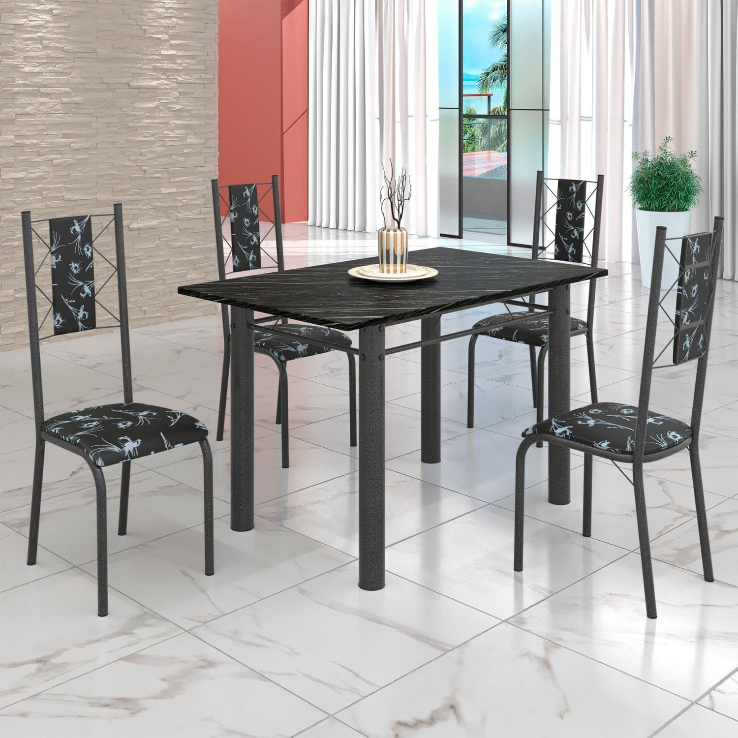 Conjunto Sala De Jantar Bahia Mesa Tubo 120x75cm Tampo Pedra Ardósia Indiana Com 4 Cadeiras Prata Mart/preto Floral