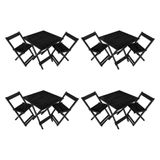 Kit 4 Conjuntos De Mesa Dobrável 70x70cm Em Madeira Maciça Para Restaurantes Com 2 Cadeiras Preto