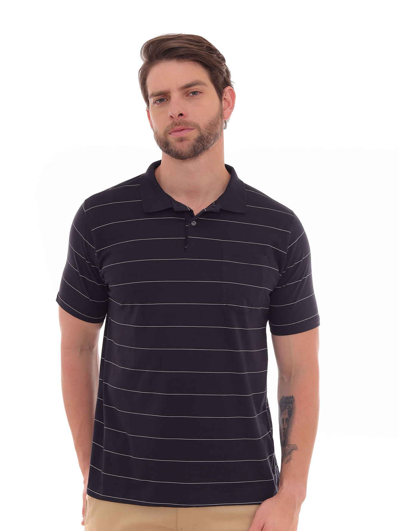 Camisa Polo Masculina Listrada Com Bolso