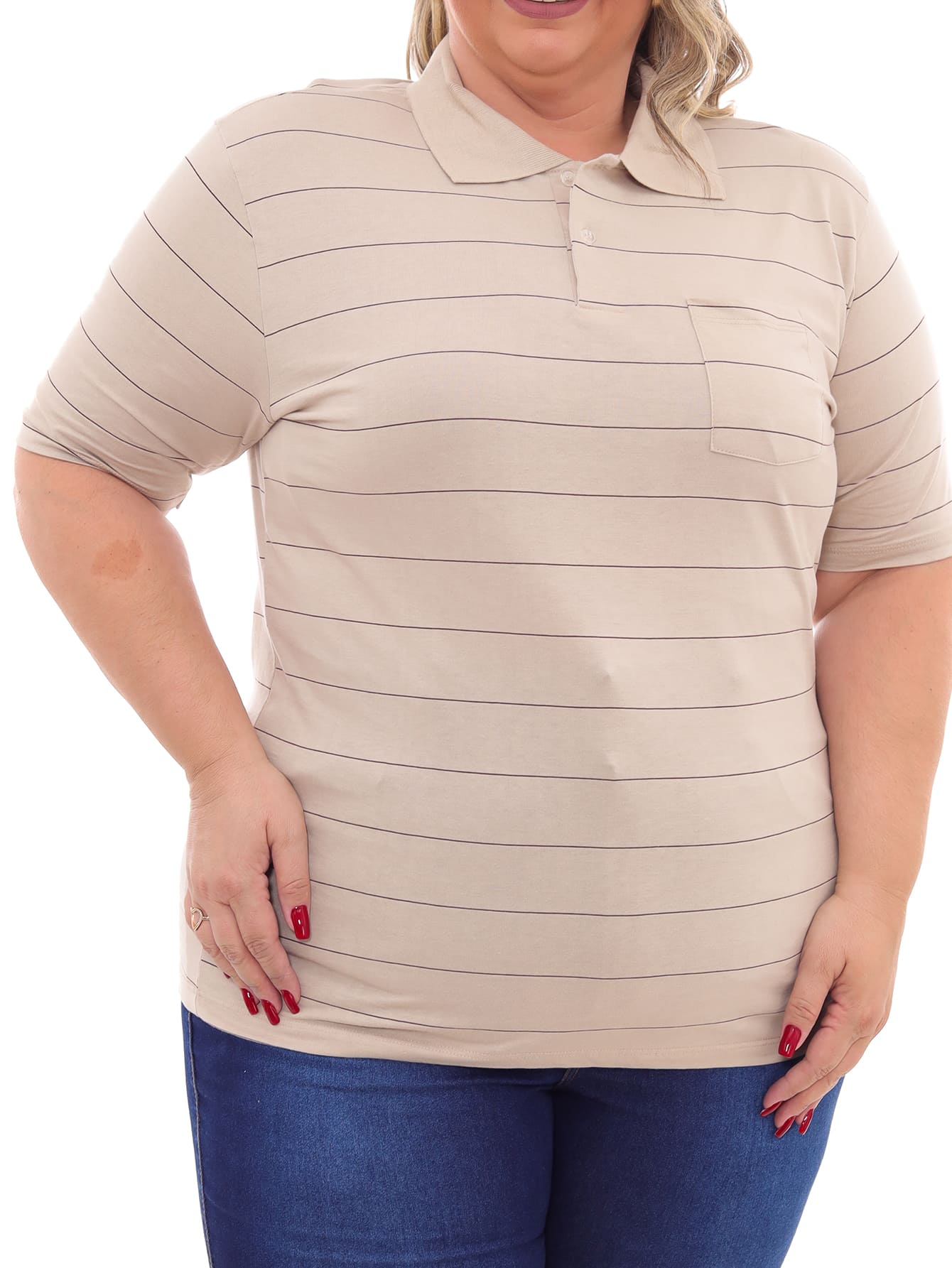 Camisa Polo Feminina Listrada Bege Plus Size Com Bolso Carrefour