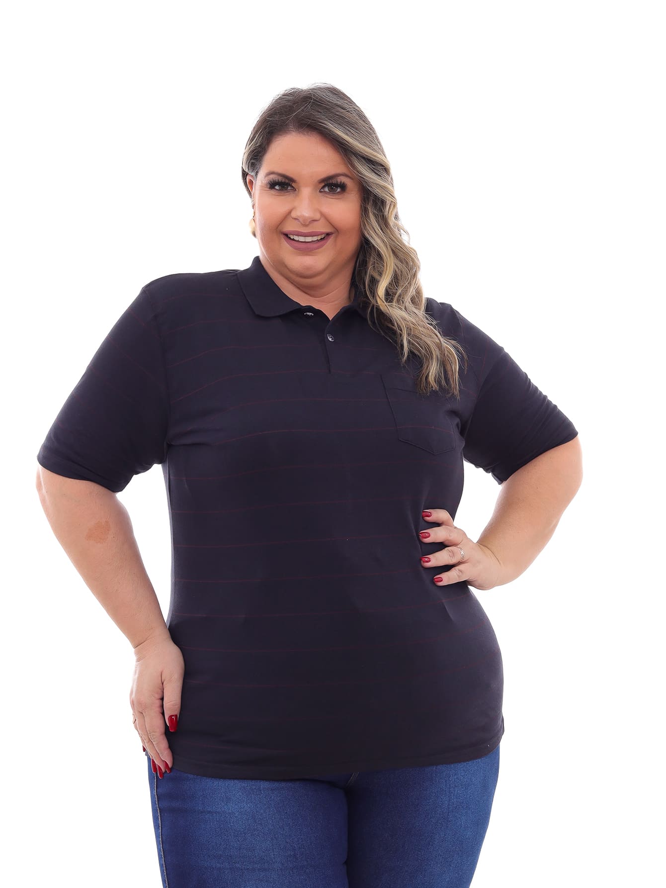 Camisa Polo Feminina Listrada Preta Plus Size Com Bolso Carrefour