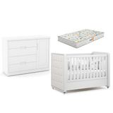Berço Americano Com Capitonê New Boucle E Cômoda Infantil Tutto New Branco Acetinado E Colchão Gazin