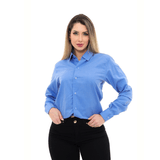 Camisa Social Feminina Premium Tipo Linho Azul Manga Longa