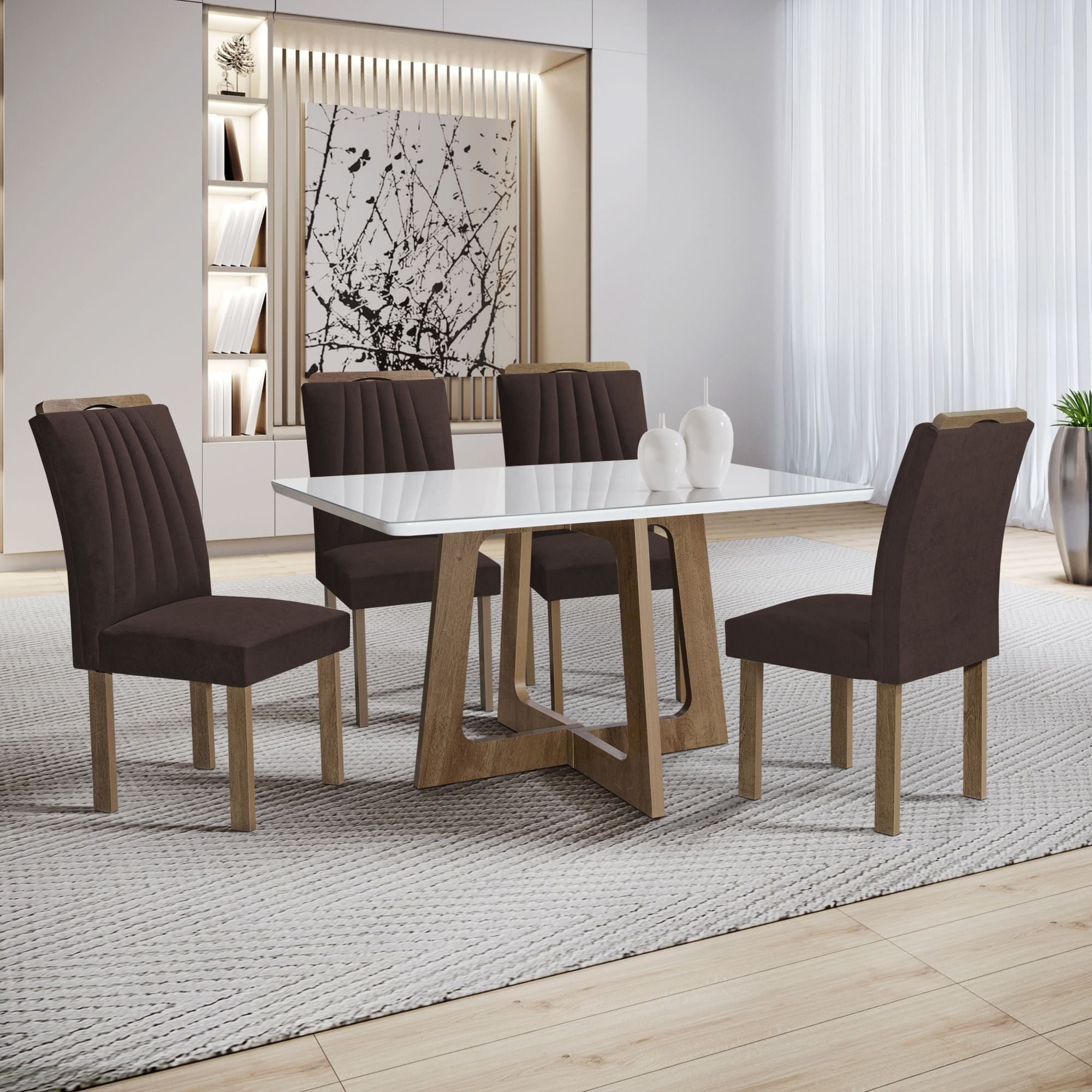 Conjunto Mesa Arizona 120cm Com 4 Cadeiras Arizona Tampo Smart Plus Com Vidro Chocolate/off White/marrom