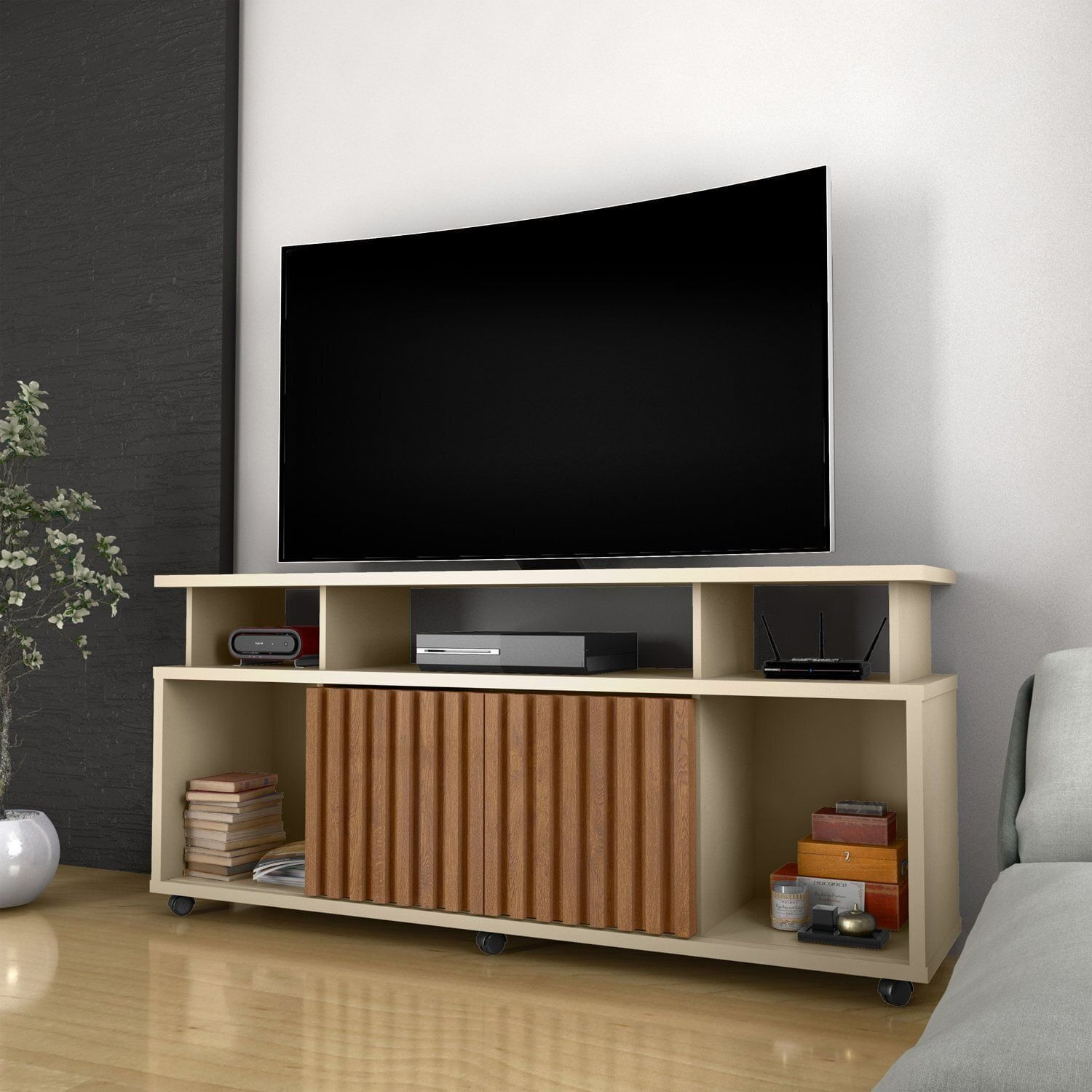 Rack Para Tv Até 50 Polegadas Com Rodízios E 2 Portas Ripada Dallas 160x72cm Off White/ipê