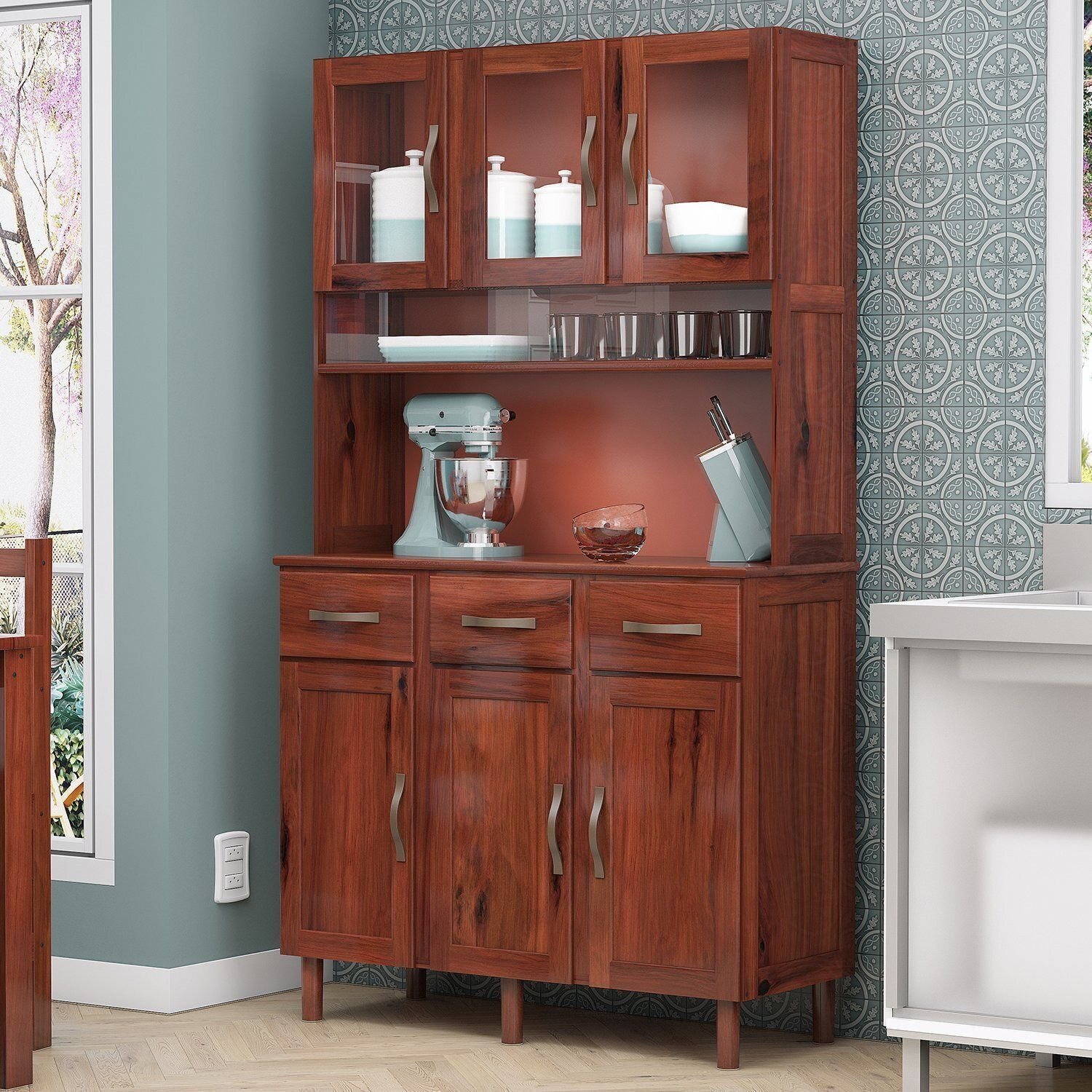 Armário De Cozinha 06 Portas 03 Gavetas Madeira Maçica Pinus Paris Mogano