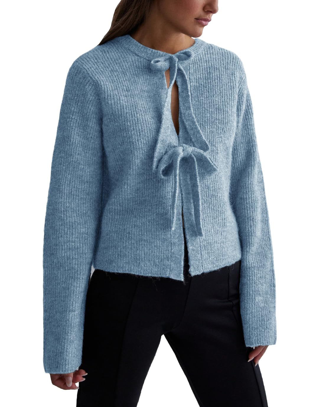 Cardigã Feminino Malajisi, De Malha Canelada, Cortado, Azul, Tamanho M