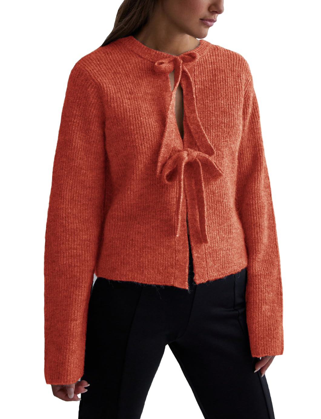 Cardigã Feminino Malajisi, De Malha Canelada, Cortado, Laranja, Tamanho L