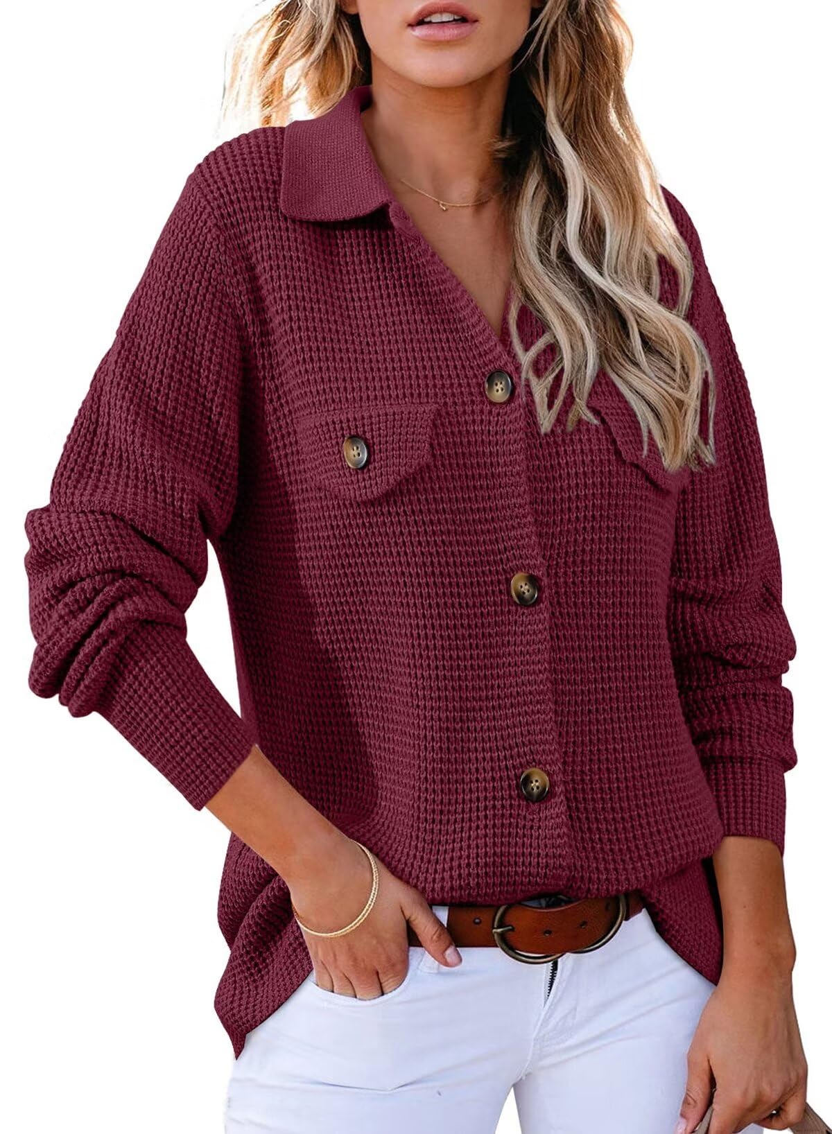 Blusão Shacket Astylish Waffle Knit Sweater Cor De Vinho Para Mulheres