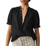 Camisa Feminina Locachy Com Meio Botão, Gola Simulada, Jeans, Preta, Gg