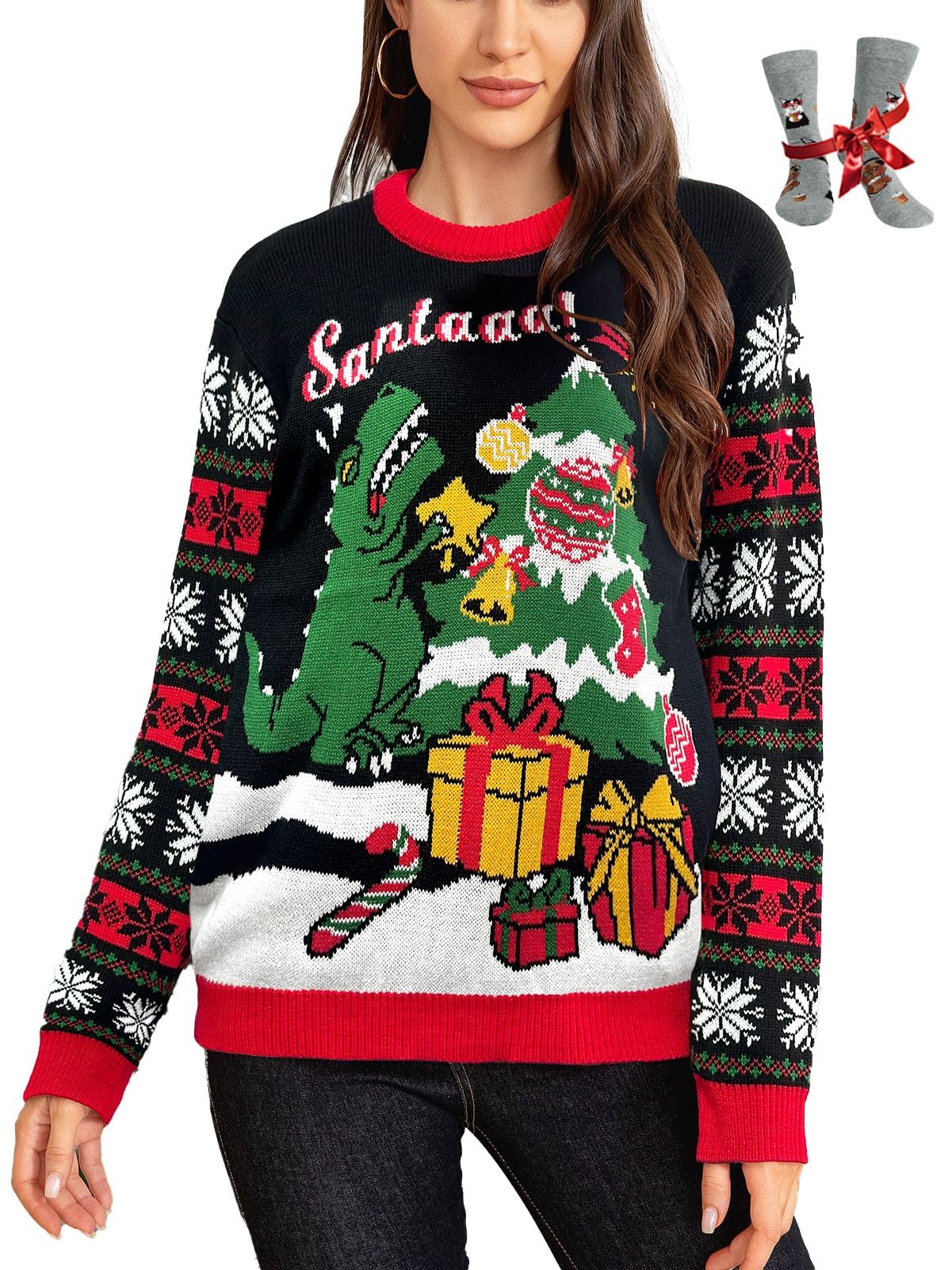 Suéter De Natal Lanpulux Ugly Dinosaur Pullover Feminino