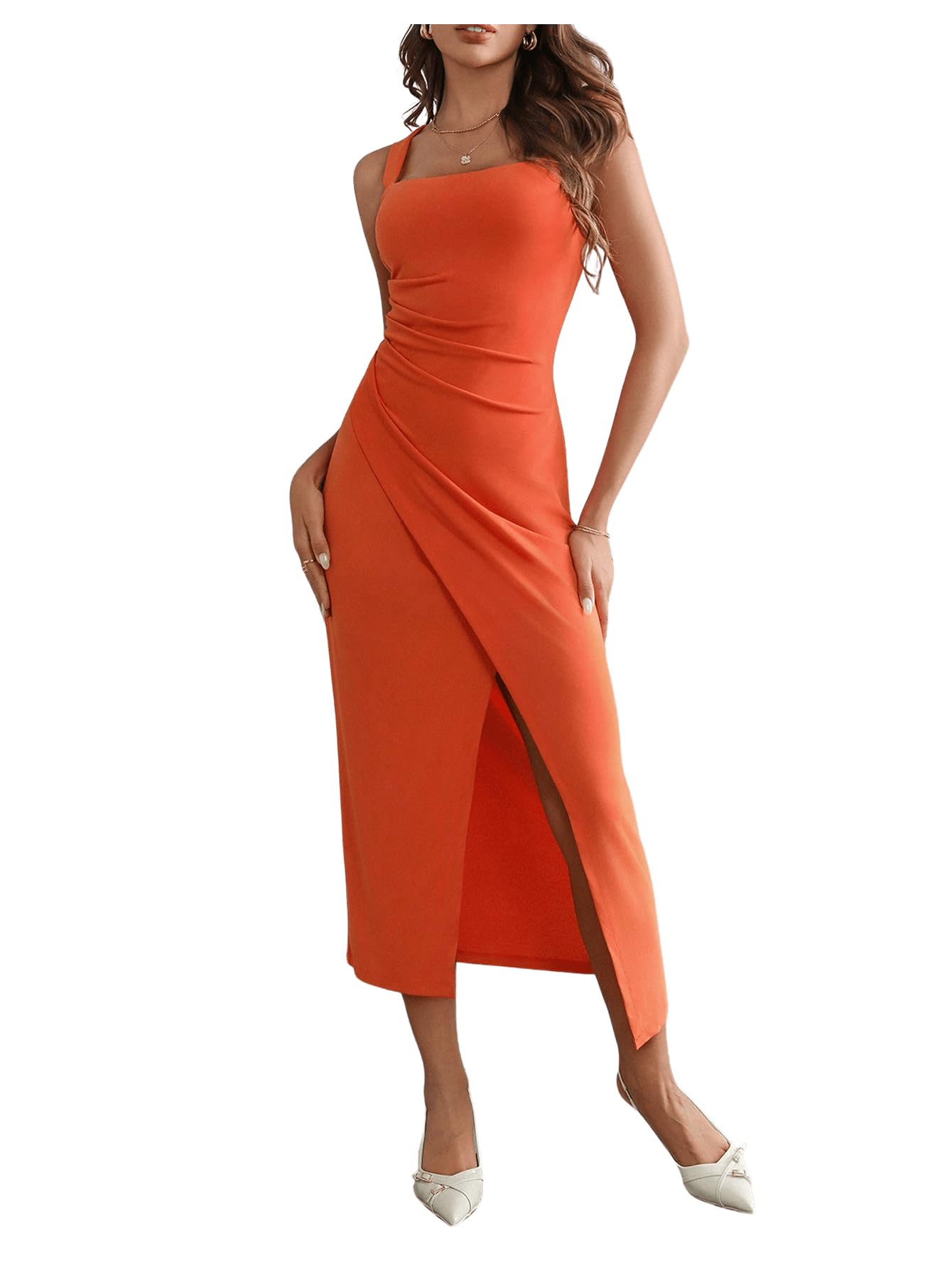 Vestido Feminino Soly Hux Bodycon Midi Ruched Wrap Split Orange
