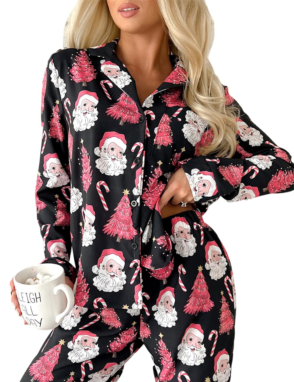 Conjunto De Pijama Ecosunny Christmas Santa Feminino De Manga Comprida Preto