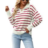 Suéter Feminino Bqdcqb, Polo Listrado, Decote Em V, Malha Solta, Vermelho, Gg