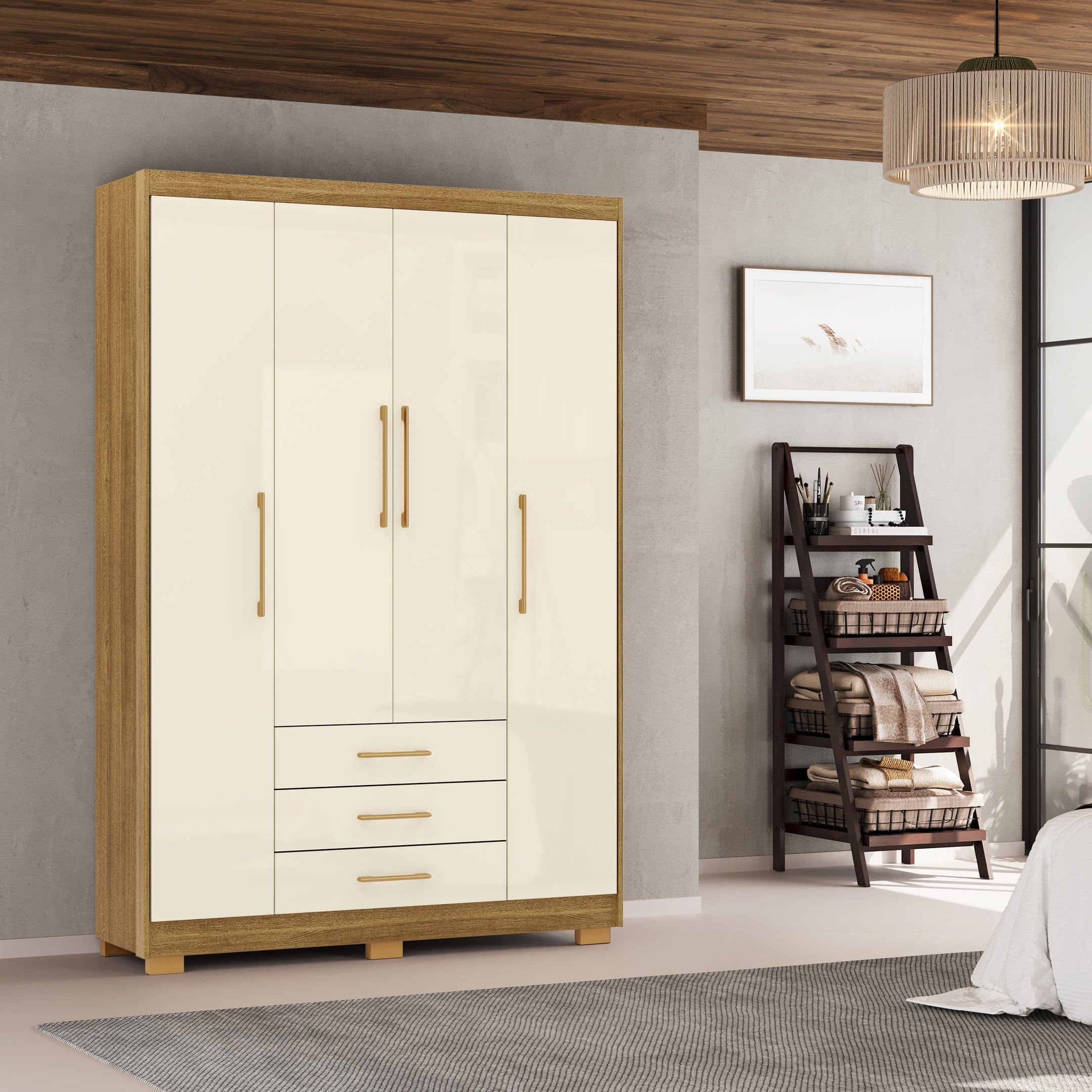 Guarda-roupa 4 Portas E 3 Gavetas Madri Nature/champagne