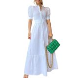 Camiseta, Vestido, Listrado, Com Botões, Casual, Feminino, Branco
