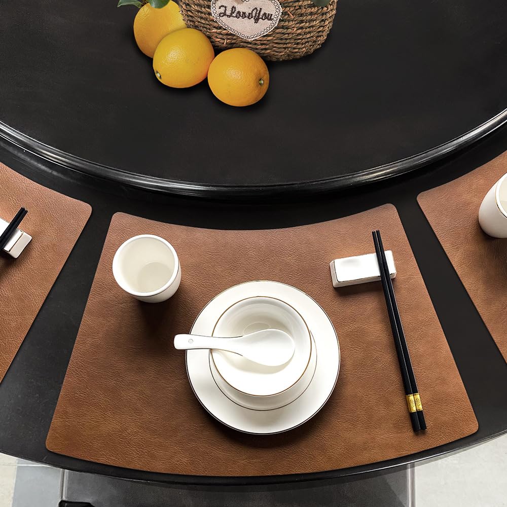 Placemats Svatao Leather Round Table, Preto, Impermeável, Conjunto De 6