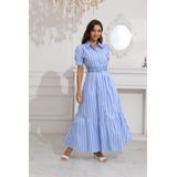 Camisa, Vestido Feminino, Listrado, Maxi, Com Cinto, Azul