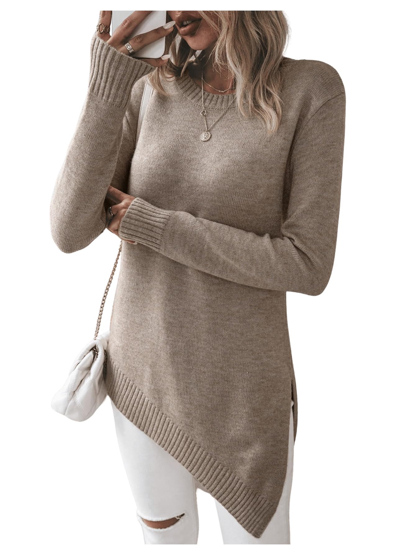 Suéter Feminino Gorglitter Com Bainha Assimétrica Dividida Cáqui