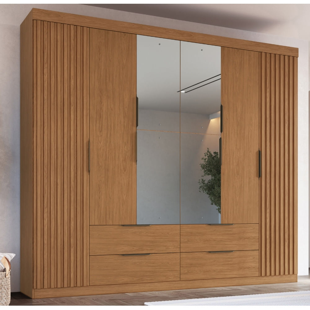 Guarda Roupa Casal Ripado Com Espelho 6 Portas 4 Gavetas Vegas Faimec